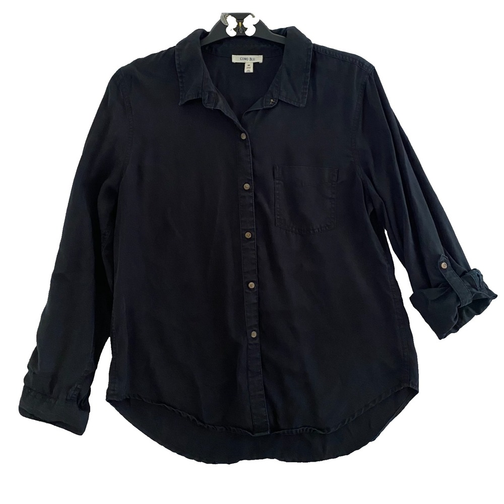 Como Blue Women's Button Down Shirt Size M Black Roll Tab Sleeve